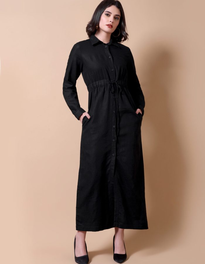 Drawstring Shirt Maxi Dress | Black