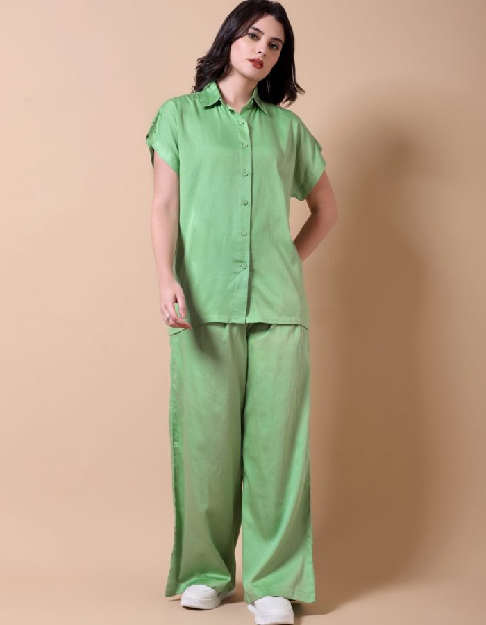 Relaxed Linen Satin Co-ord Set | Green
