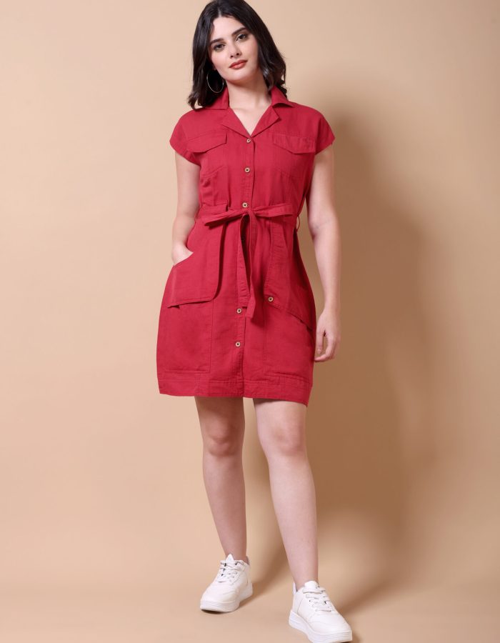Belted Shirt Mini Dress | Red