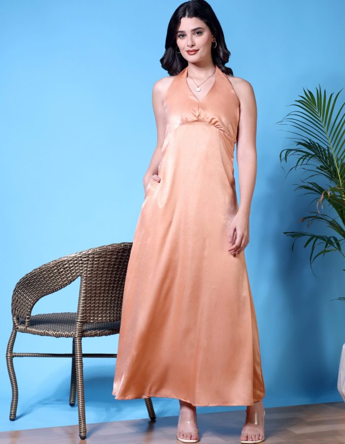 Halter Neck Velvet Maxi Dress | Peach