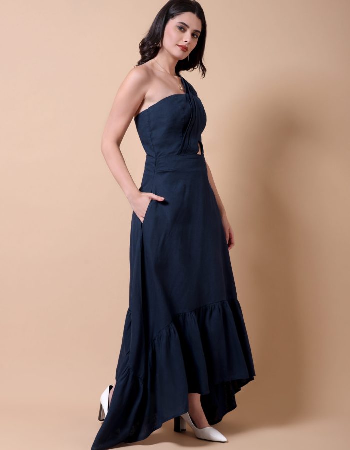 Asymmetric One-Shoulder Maxi Dress | Navy Blue