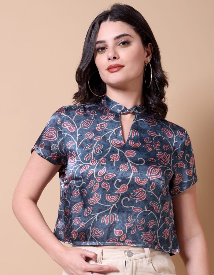 Keyhole Neck Printed Top | Dark Blue Floral