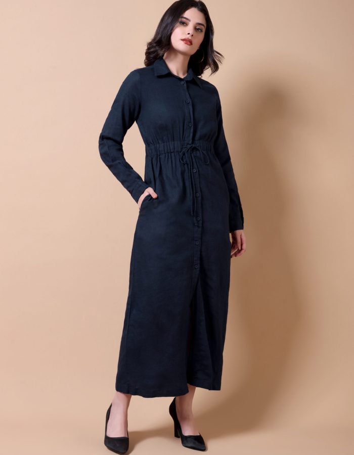 Drawstring Shirt Maxi Dress | Navy Blue