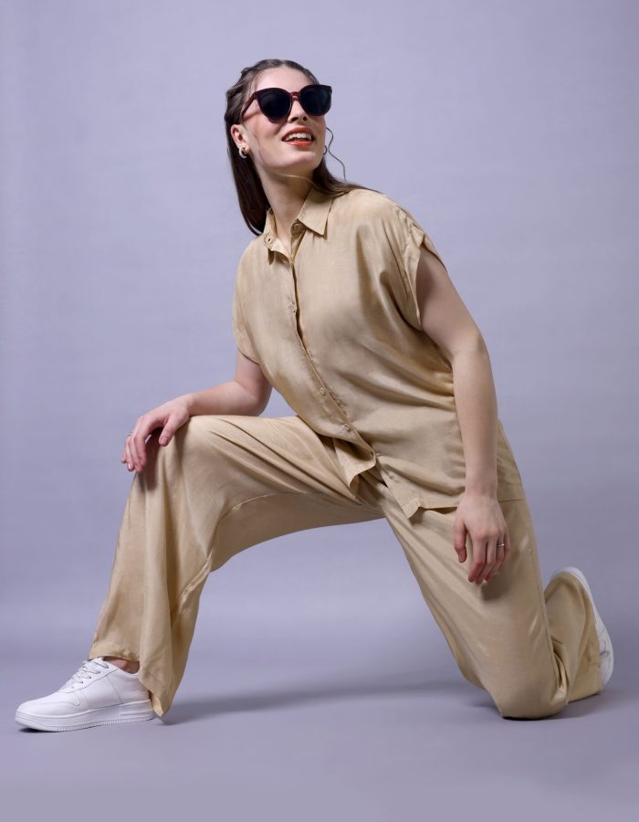Relaxed Linen Satin Co-ord Set | Beige
