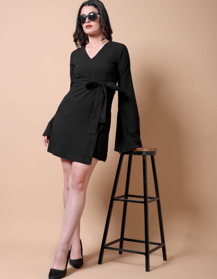 Bell Sleeve Fit and Flare Mini Dress | Black