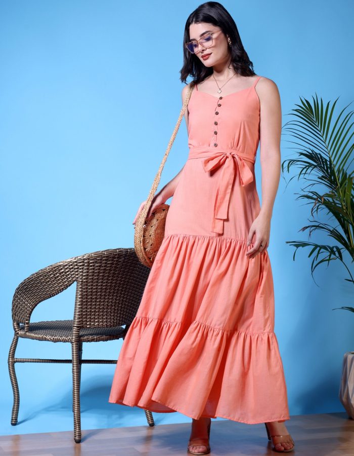 Tiered Cotton Strappy Maxi Dress | Peach