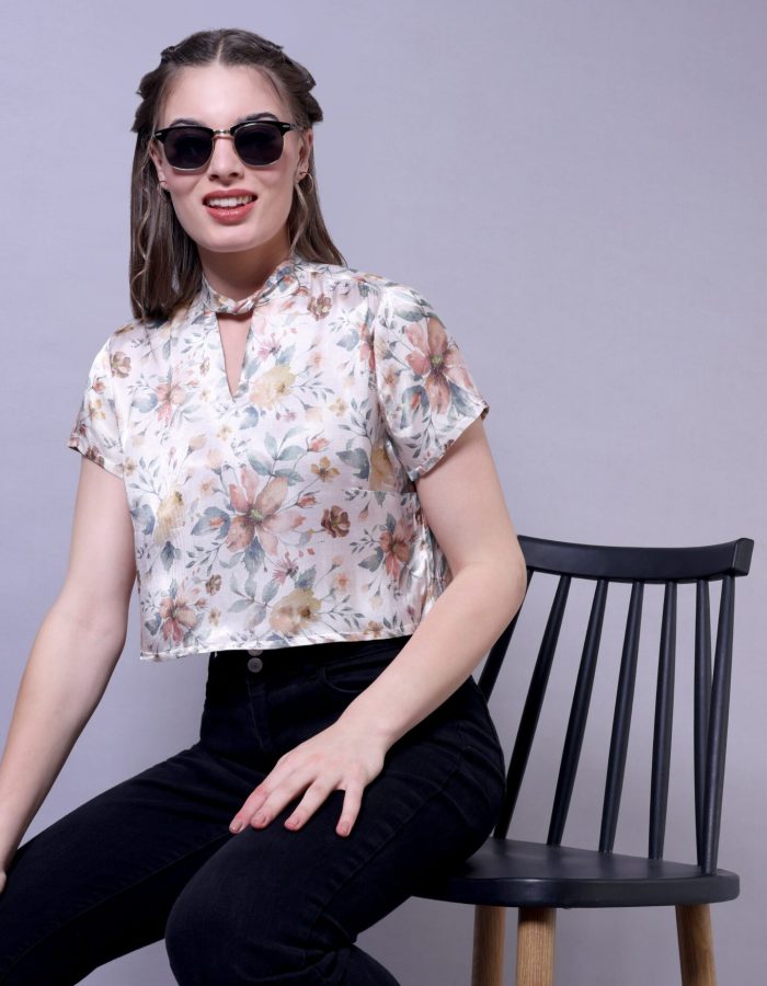 Keyhole Neck Printed Top | Off White Floral