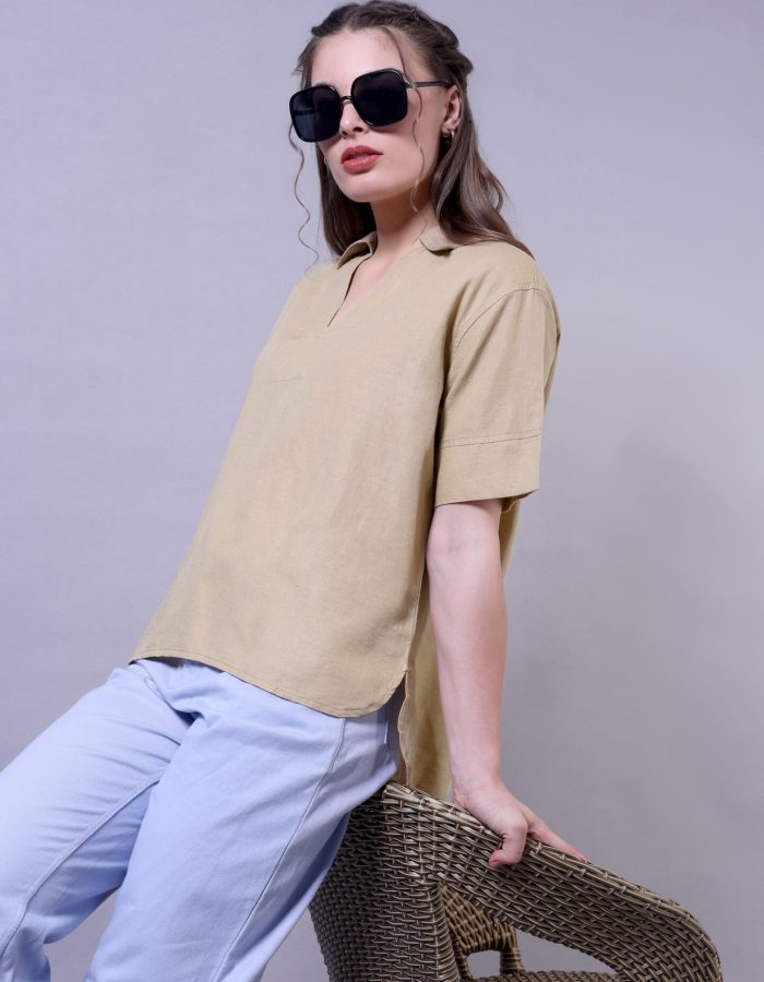 Oversized V-Collared Top | Khakhi