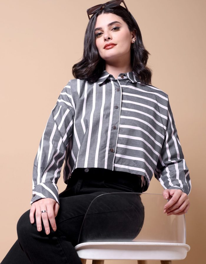 Striped Cotton Cropped Shirt | Light Pink Stripped, Grey