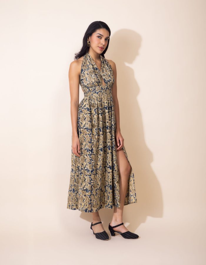 Kalamkari Cotton Halter Dress | Blue