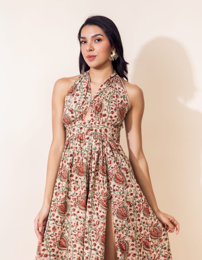 Kalamkari Cotton Halter Dress | Red