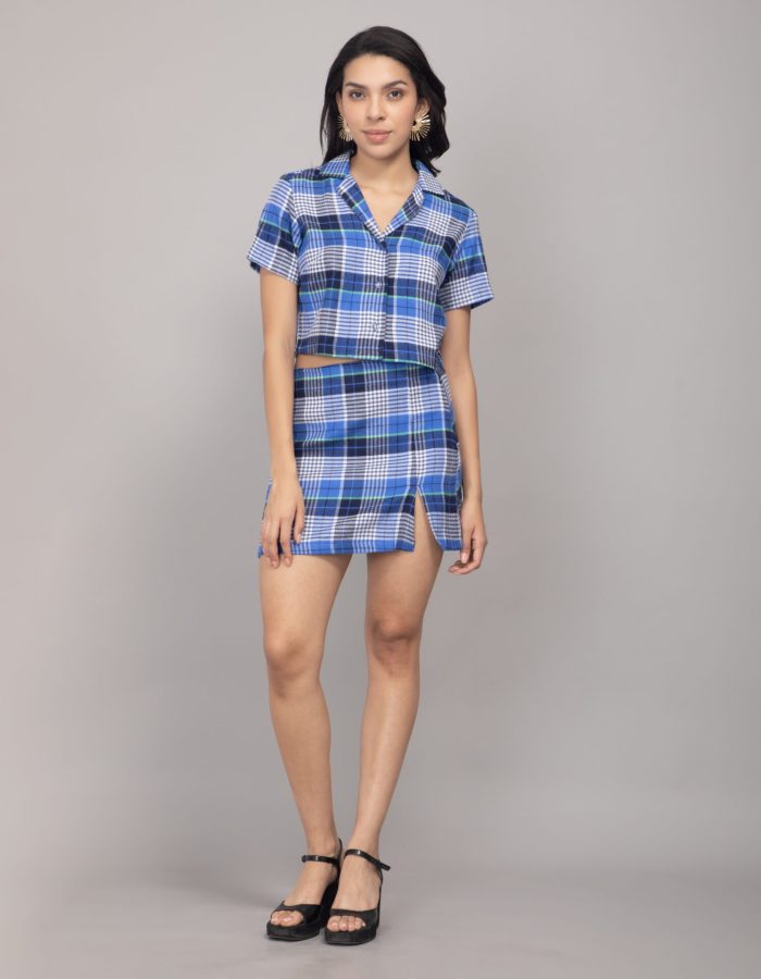 Checks Cotton Cropped Shirt & Skirt Set