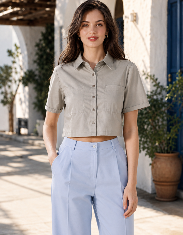 Women’s Box Pocket Cropped Shirt | Poplyn Nylon Lycra | Black Banana | Light Khaki